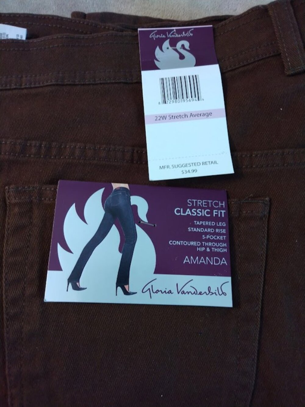 NWT Gloria Vanderbilt Amanda Jeans 22W Dark Brown Classic Fit Taper Leg Stretch - Picture 5 of 10